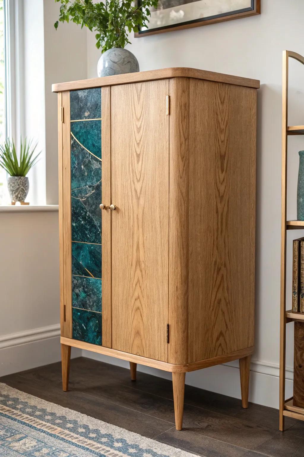 A corner bar cabinet that becomes functional art—oak grain + a bold teal resin inlay.