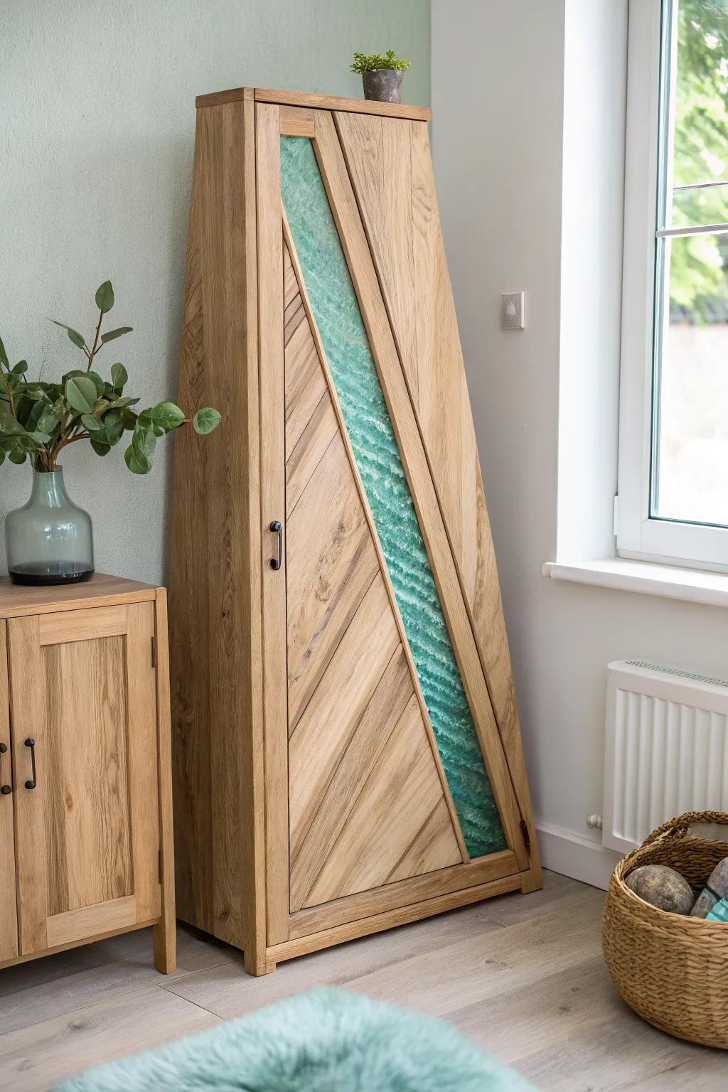 A diagonal corner door made custom: light oak with a sleek teal resin “river” inlay.