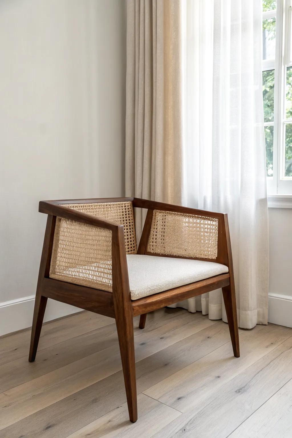 A walnut corner chair with cane, matte-black accents, and a subtle resin inlay—instant wow.