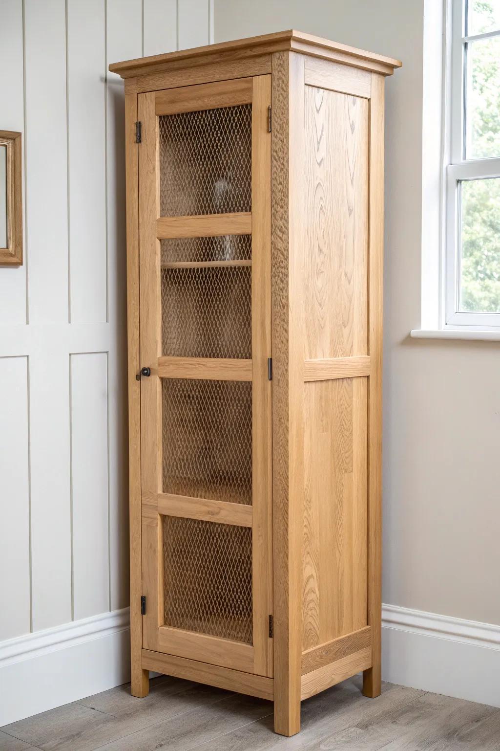 A ventilated mesh-front corner pantry cabinet—airy, minimal, and perfect for fresh produce.