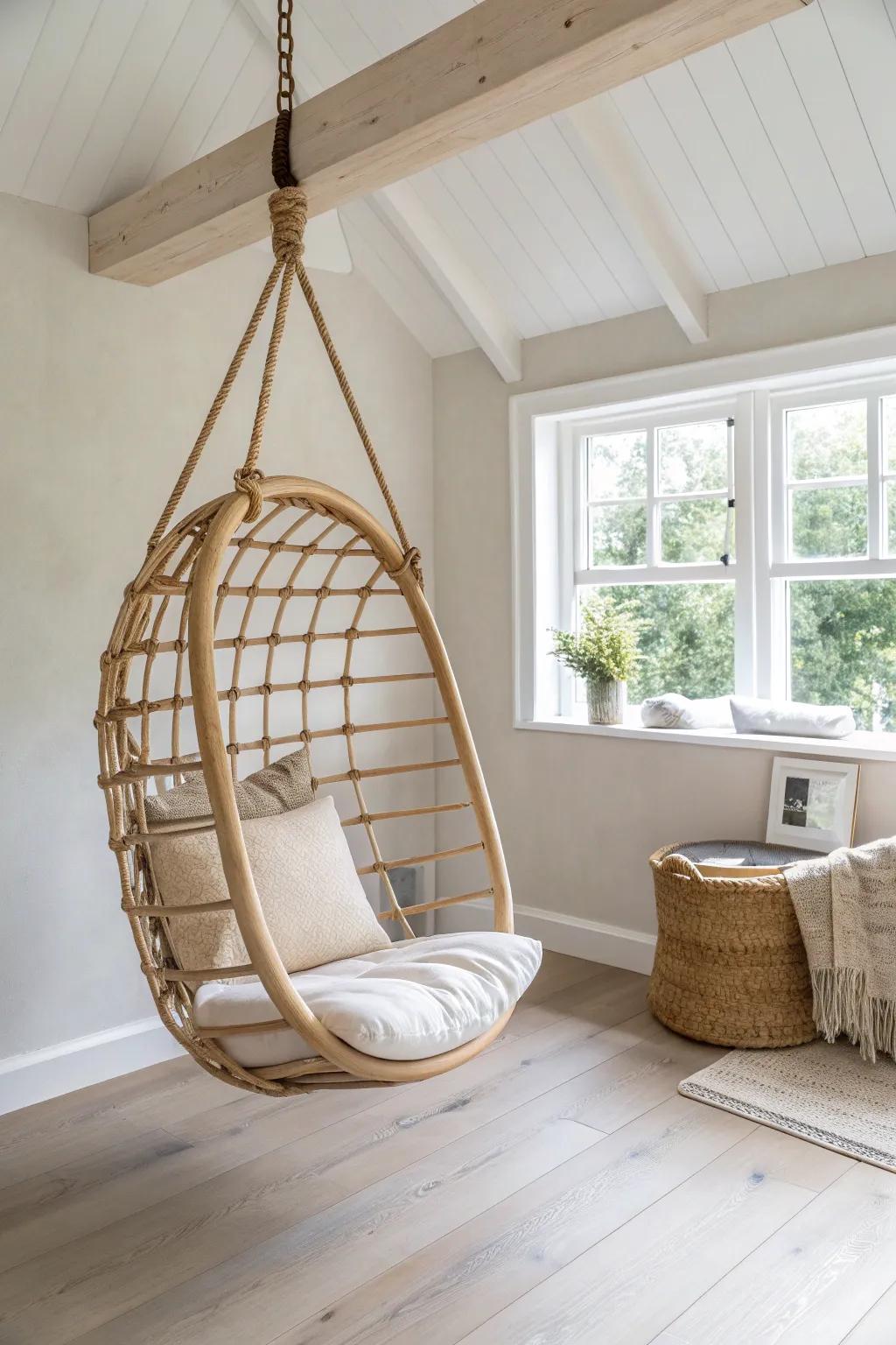 A serene corner retreat: a handcrafted hanging chair that adds calm swing and statement style.