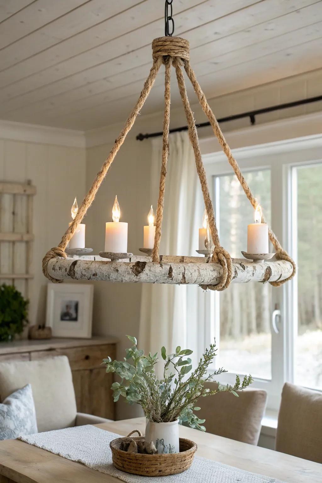 Birch branches, warm candle bulbs, and cottage textures—an airy chandelier with natural charm.