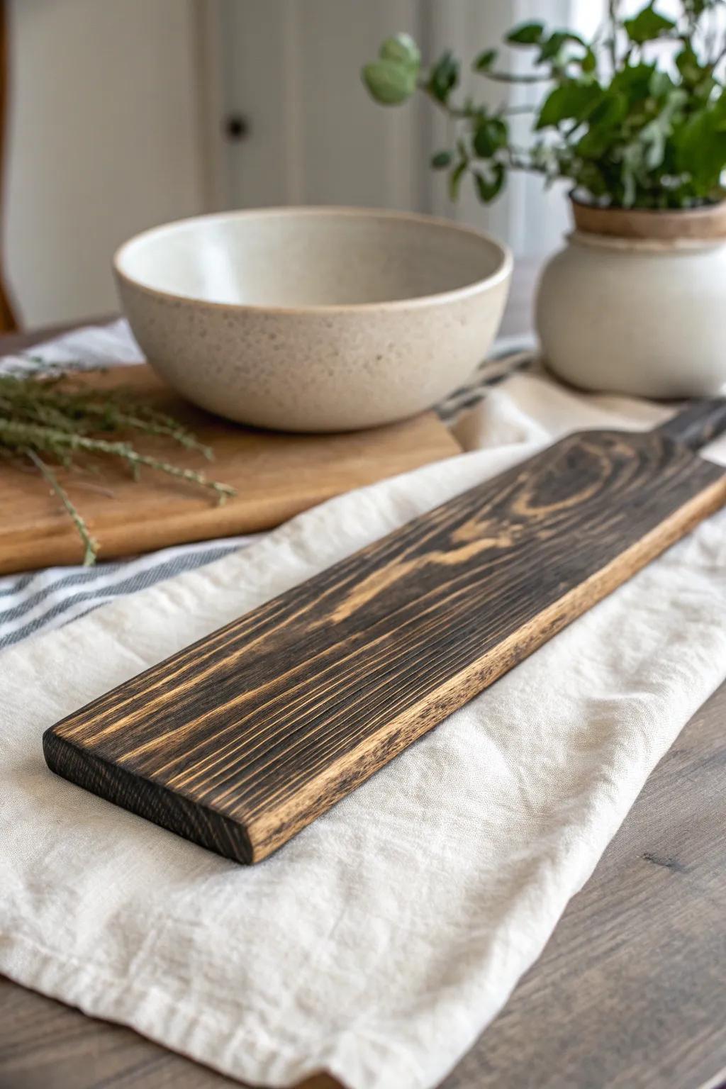 Lightly charred wood trim adds a bold, smoky contrast while staying soft cottage-farmhouse.