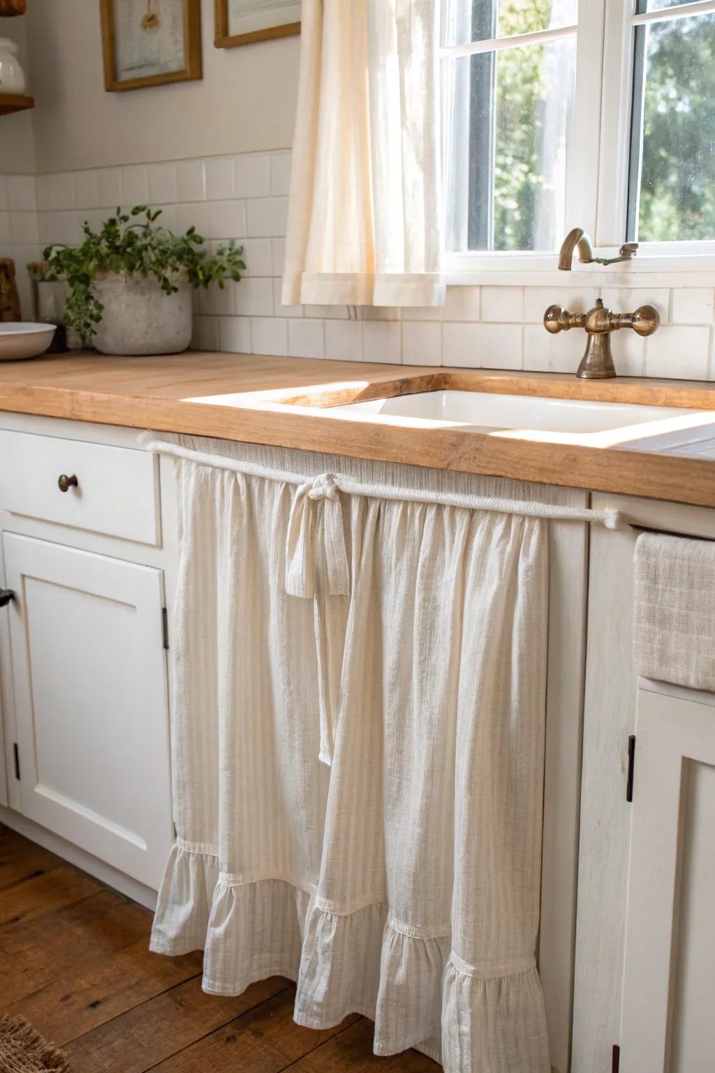 A sweet cottage sink skirt in soft cotton—instant charm that warms up clean-lined cabinets.