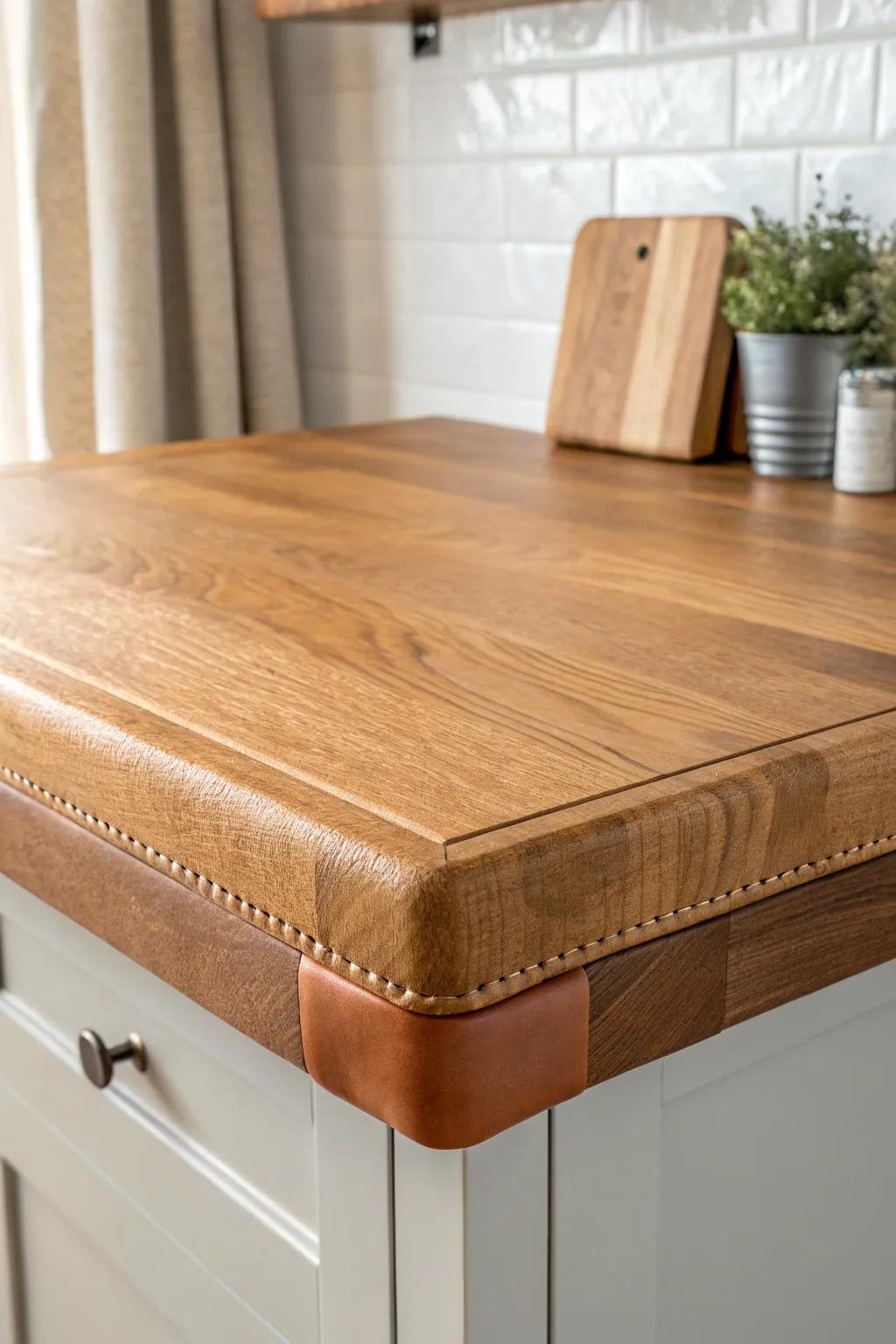 Leather-wrapped countertop edge trim: warm, tactile detail that feels effortlessly high-end.