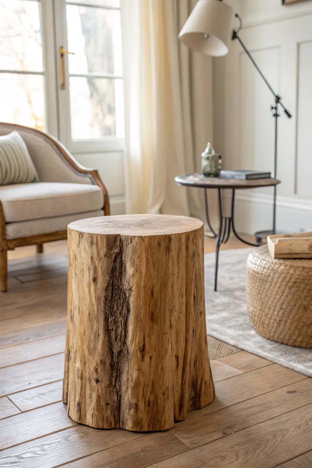 A sanded tree-stump side table adds cottage charm and shows off every beautiful wood ring.