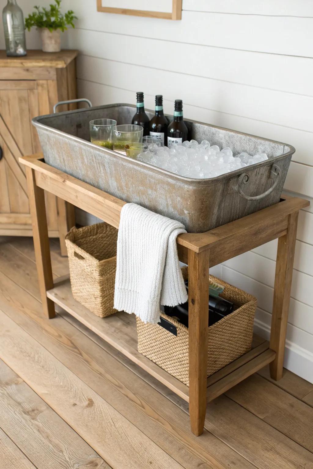Feed trough cooler station with sleek oak surround—rustic country charm meets minimalist style.