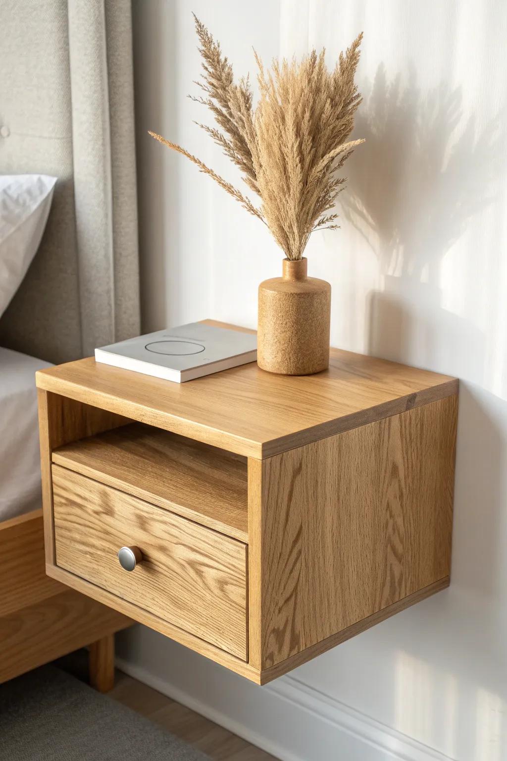 Handcrafted floating nightstand in warm oak—minimal, airy, and instantly cozier by the bed.