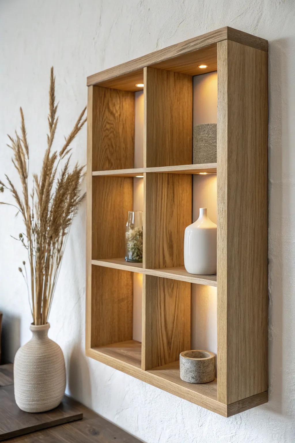 Warm LED backlighting gives your oak cube shelf a soft halo—instantly a moody mini gallery.