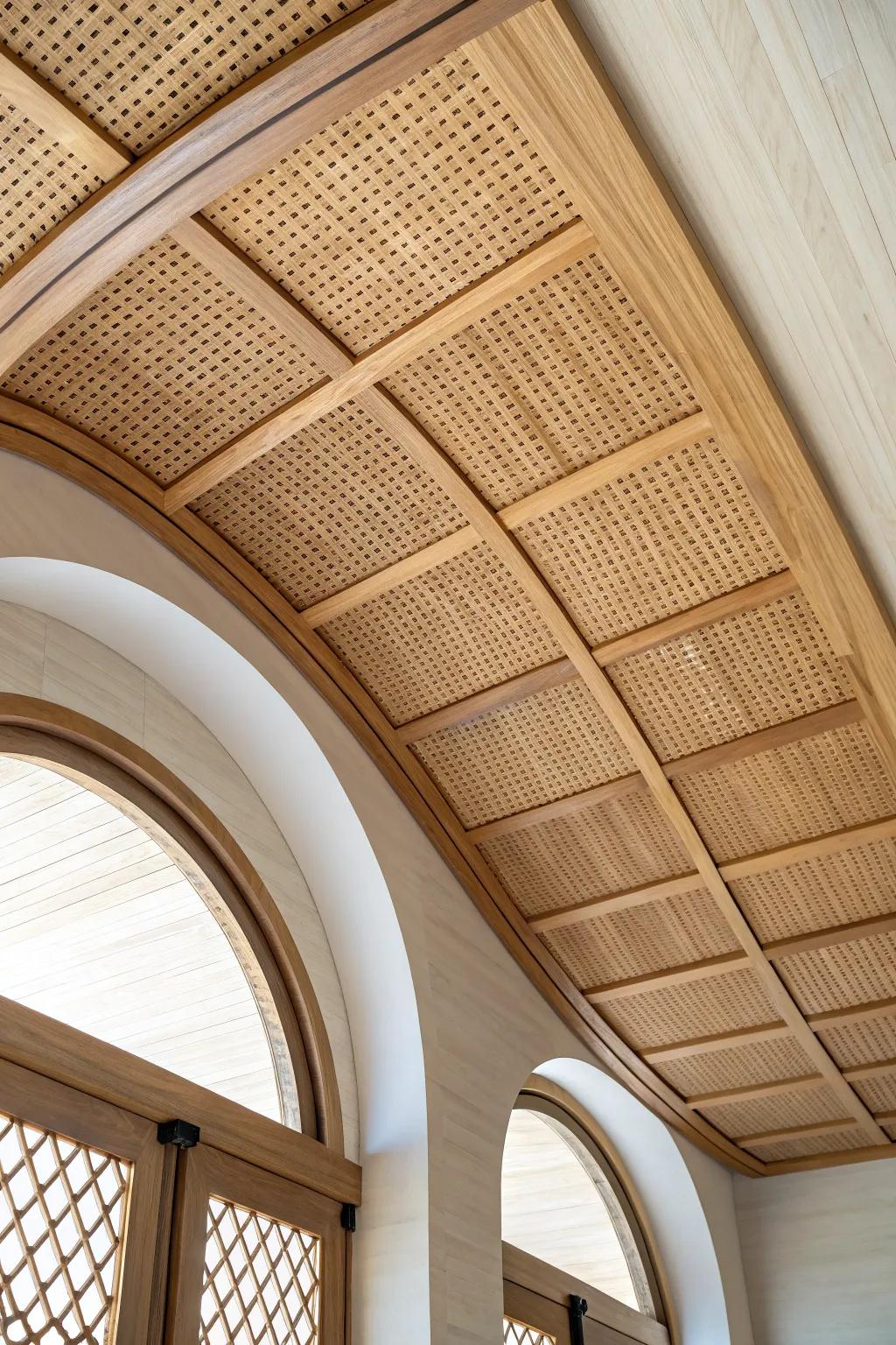 Airy woven cane inset panels make a curved ceiling feel light, warm, and beautifully crafted.