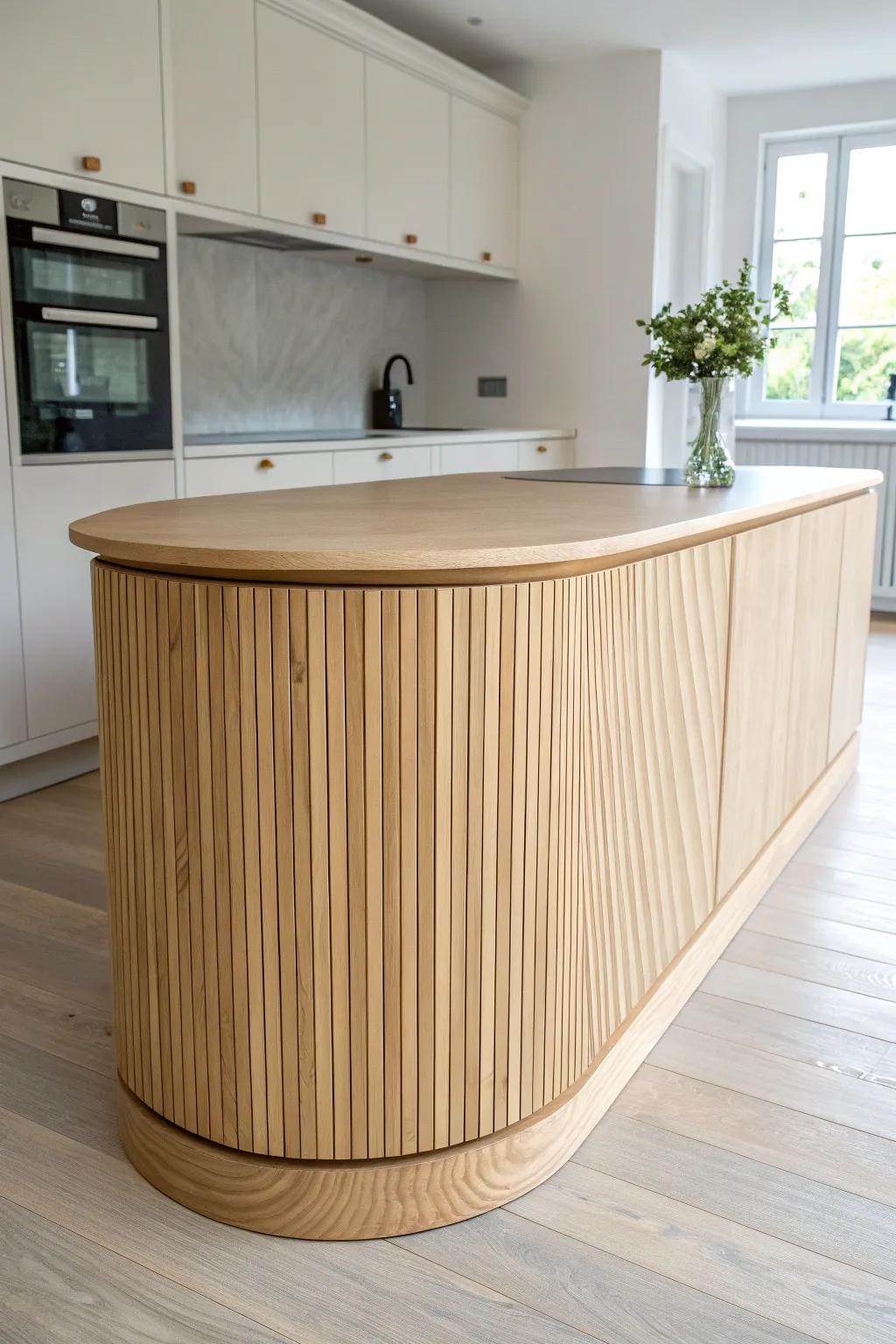A curved island wrapped in bent plywood—one seamless ribbon of wood with serious wow factor.