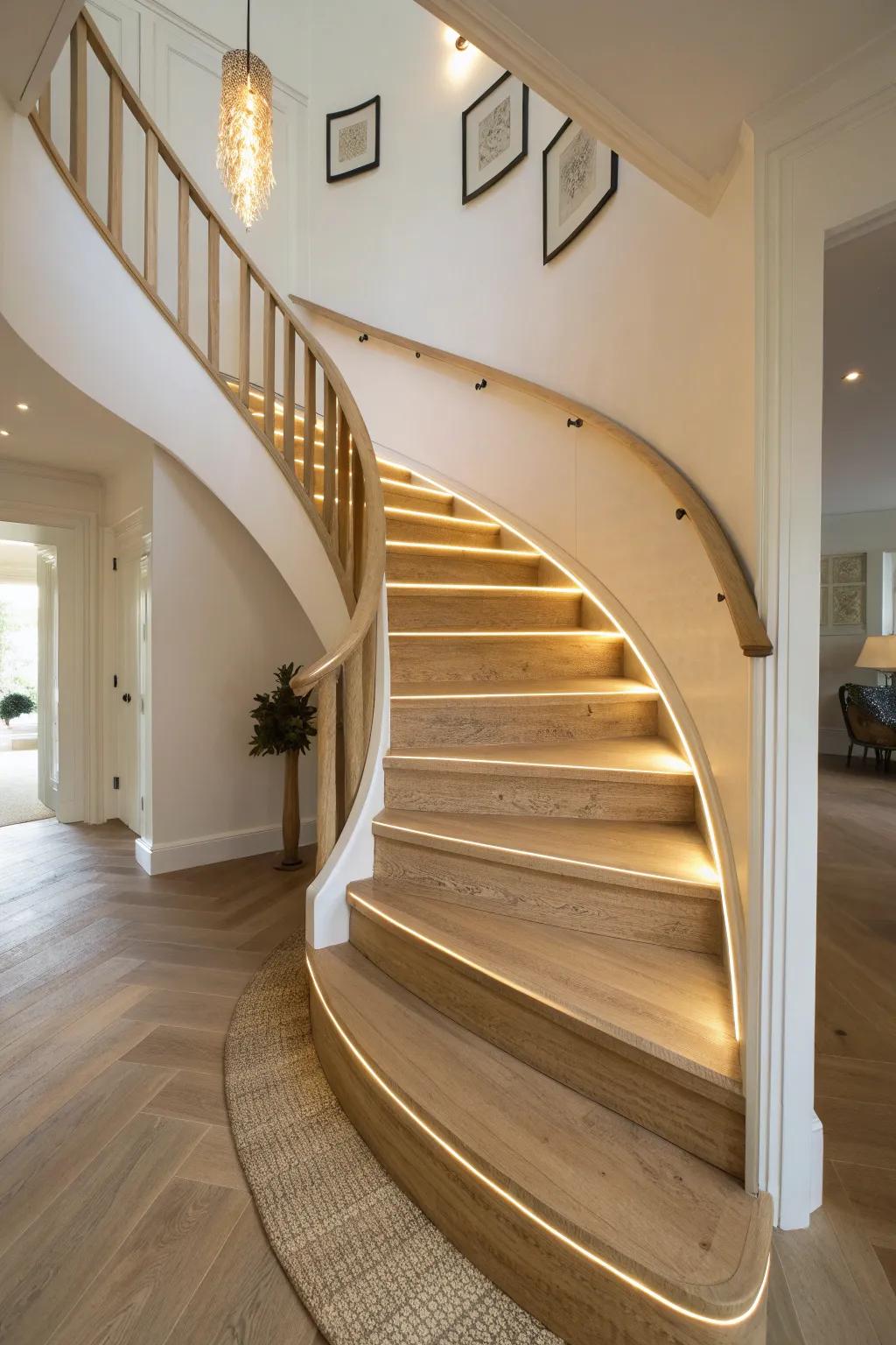 A warm LED glow-line under each tread turns a curved staircase into a soft ribbon of light.