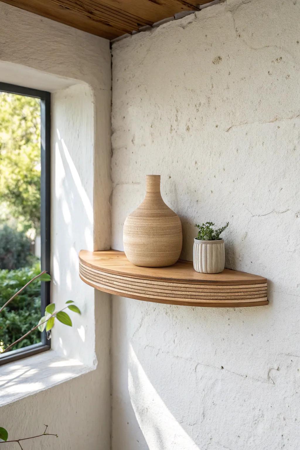 Curved custom shelves soften sharp corners—minimal, warm, and beautifully crafted in wood.