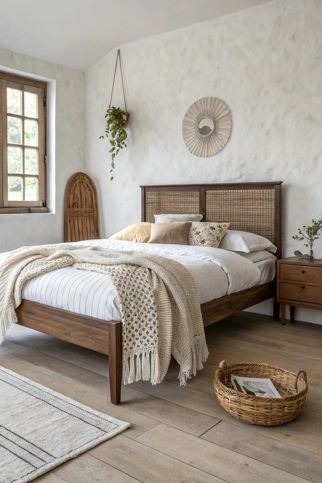 Woven textures and creamy knits make a dark brown bed frame feel light, airy, and calm.