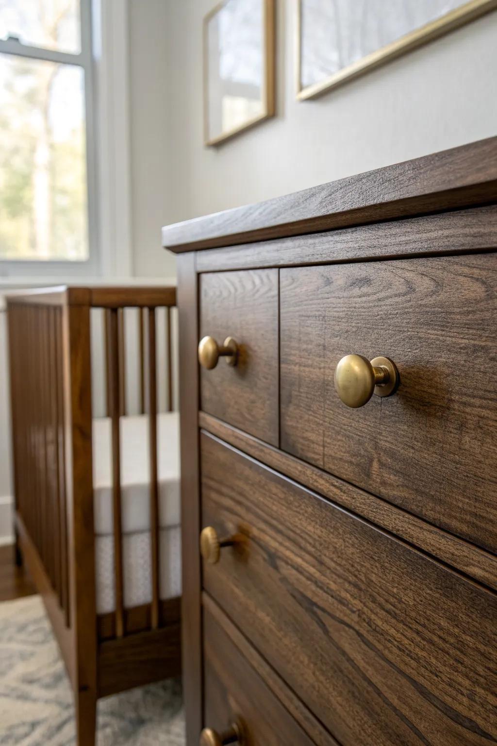 Warm brass hardware adds a bright, modern glow to a dark brown crib set corner.