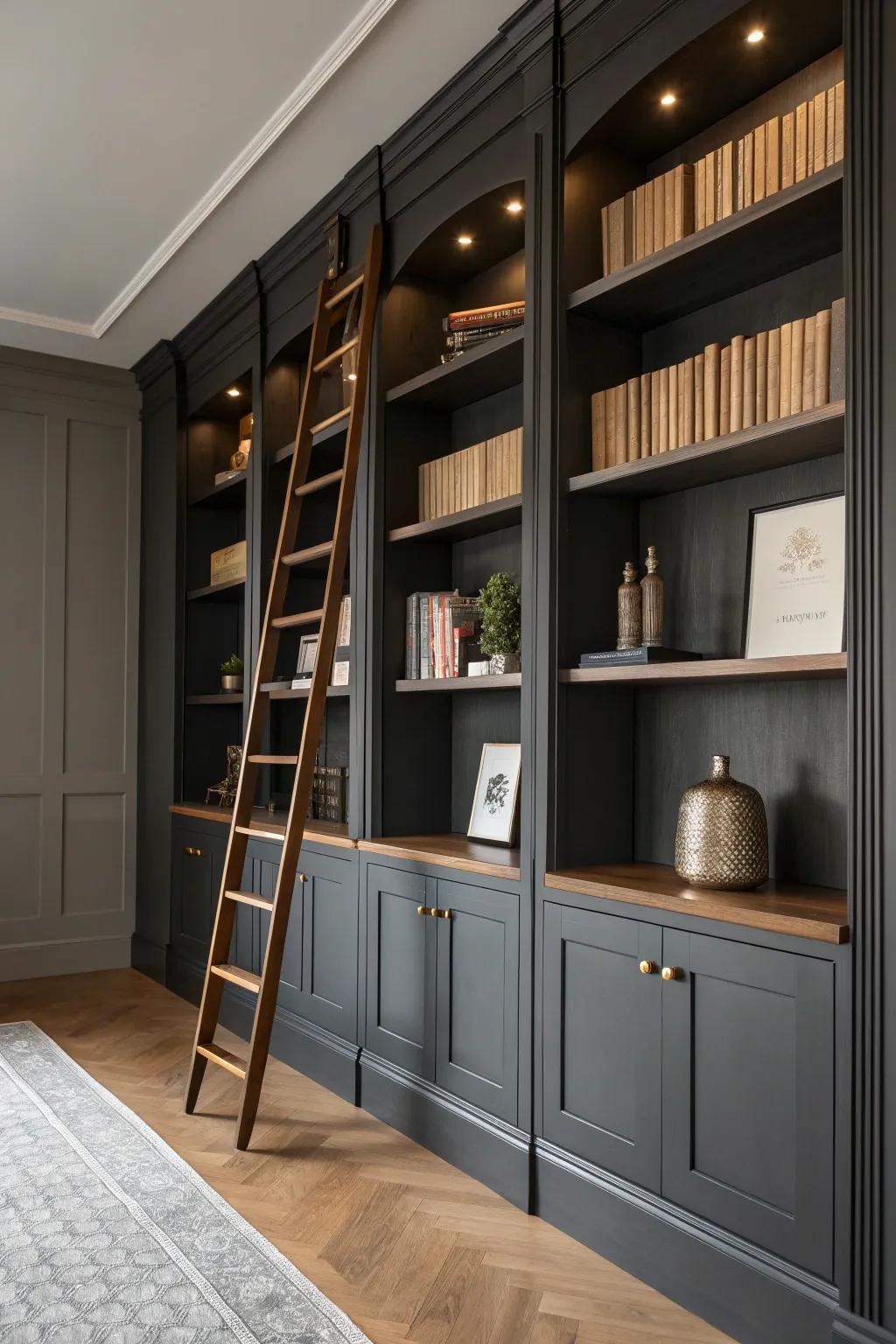 Deep charcoal library wall + sleek ladder rail—moody, cozy man cave with handcrafted warmth.