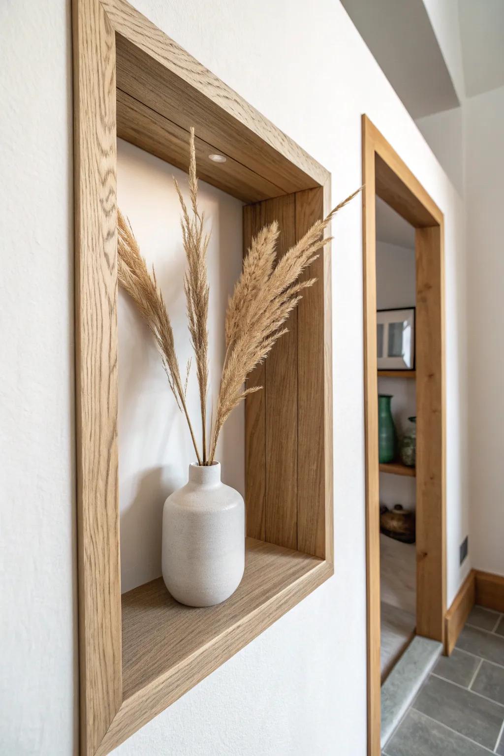 Recessed between-the-stud niche adds style without stealing inches in a narrow hallway.