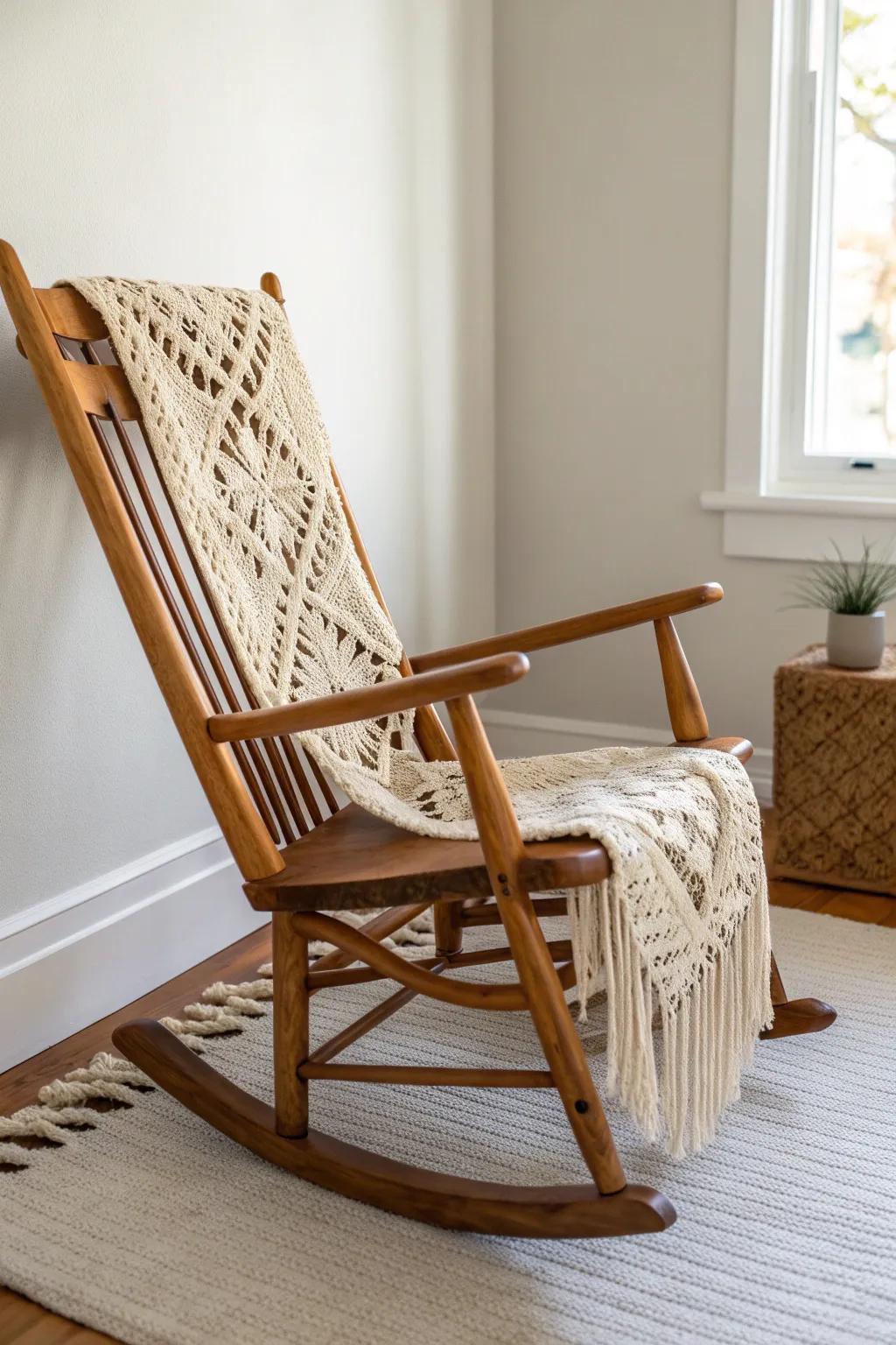 Cozy macramé arm drape for an old rocking chair—soft texture that lets the wood shine.