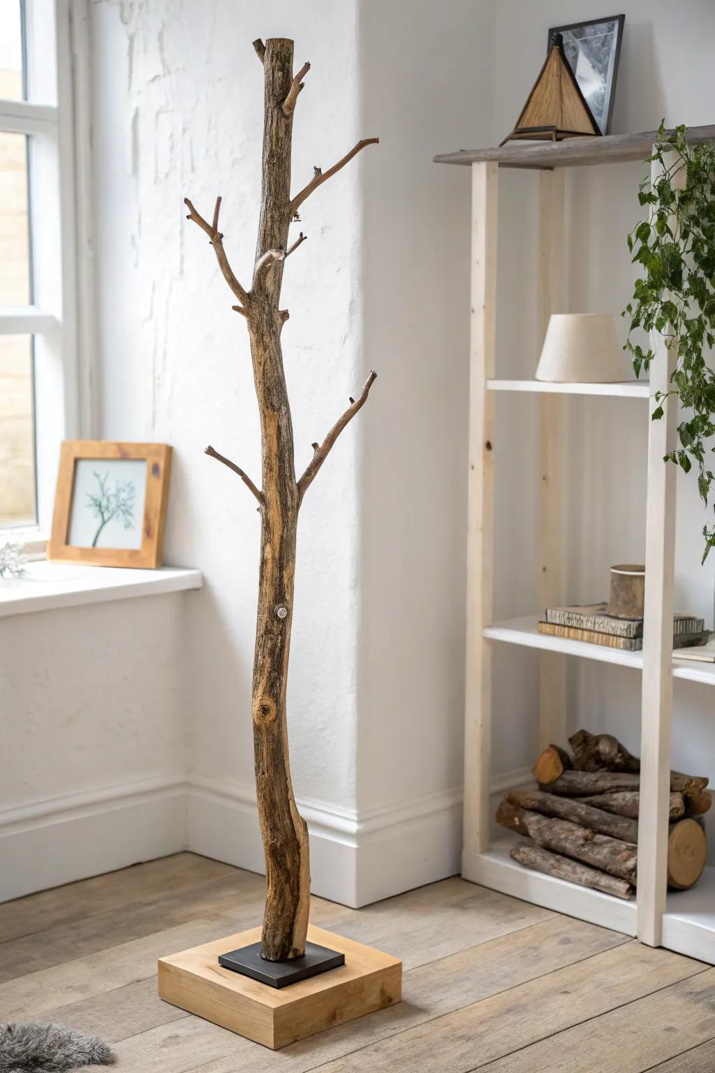 Glossy resin meets raw wood—an elegant branch sculpture for calm, modern Scandinavian shelves.