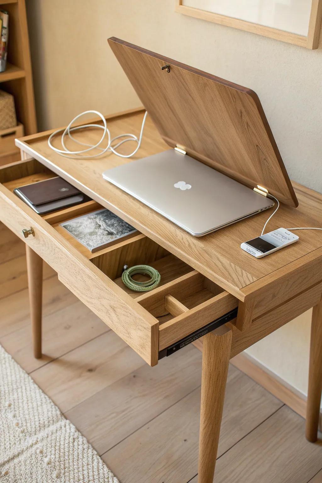 Flip-top cable compartment desk with cork lining—hide chargers neatly, keep your surface serene.