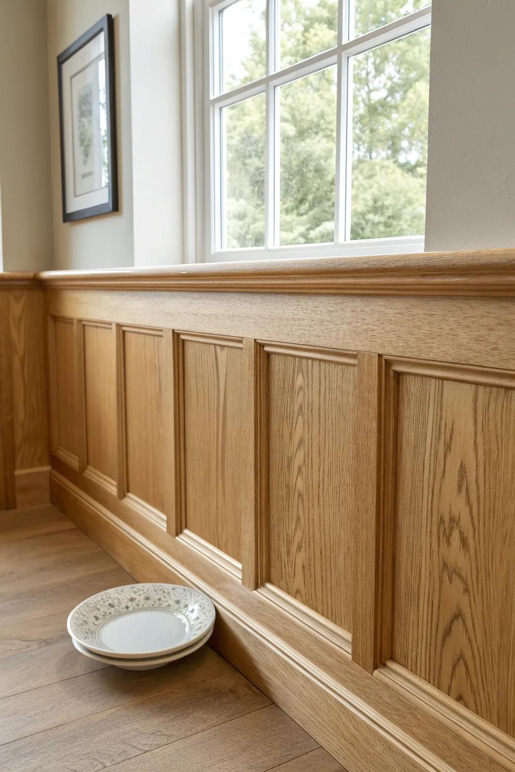 A slim built-in plate ledge above wainscoting—minimal, practical, and beautifully crafted.