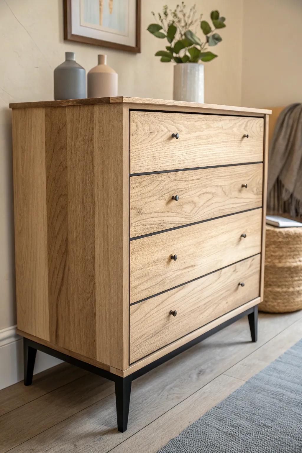 Charred-and-sanded drawer edges add bold artisan texture—dramatic, rustic, and still minimalist.