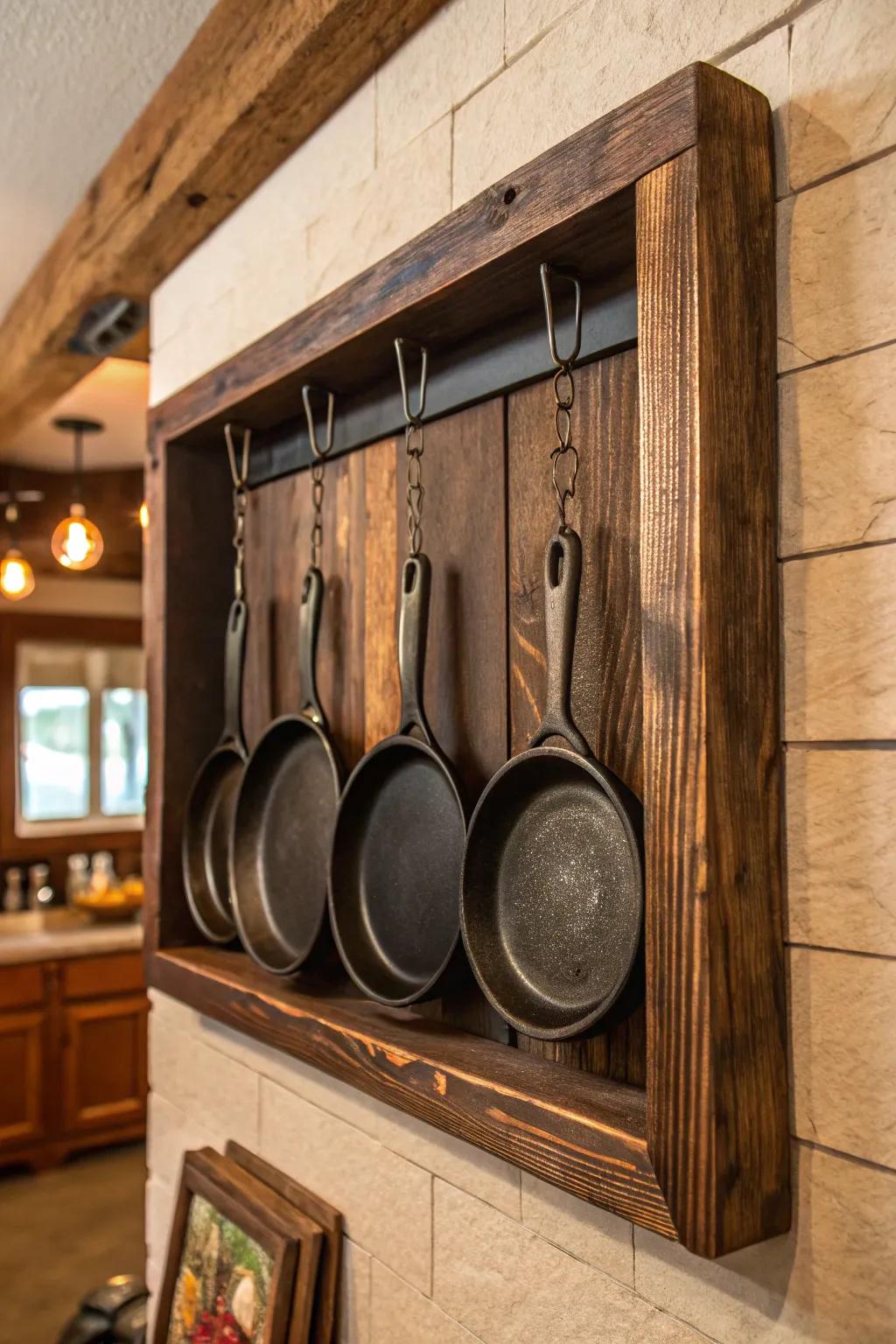 Transform your kitchen into a haven of craftsmanship with this bespoke wooden frame for your cast iron collection.