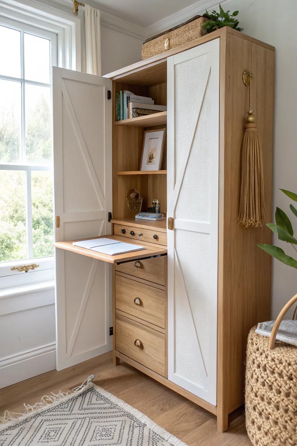 A closet Murphy desk in warm oak—fold it away and close the doors for instant calm.