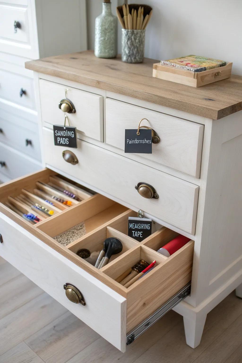 Turn an old dresser into a calm, labeled craft + tool organizer with beautiful drawer dividers.