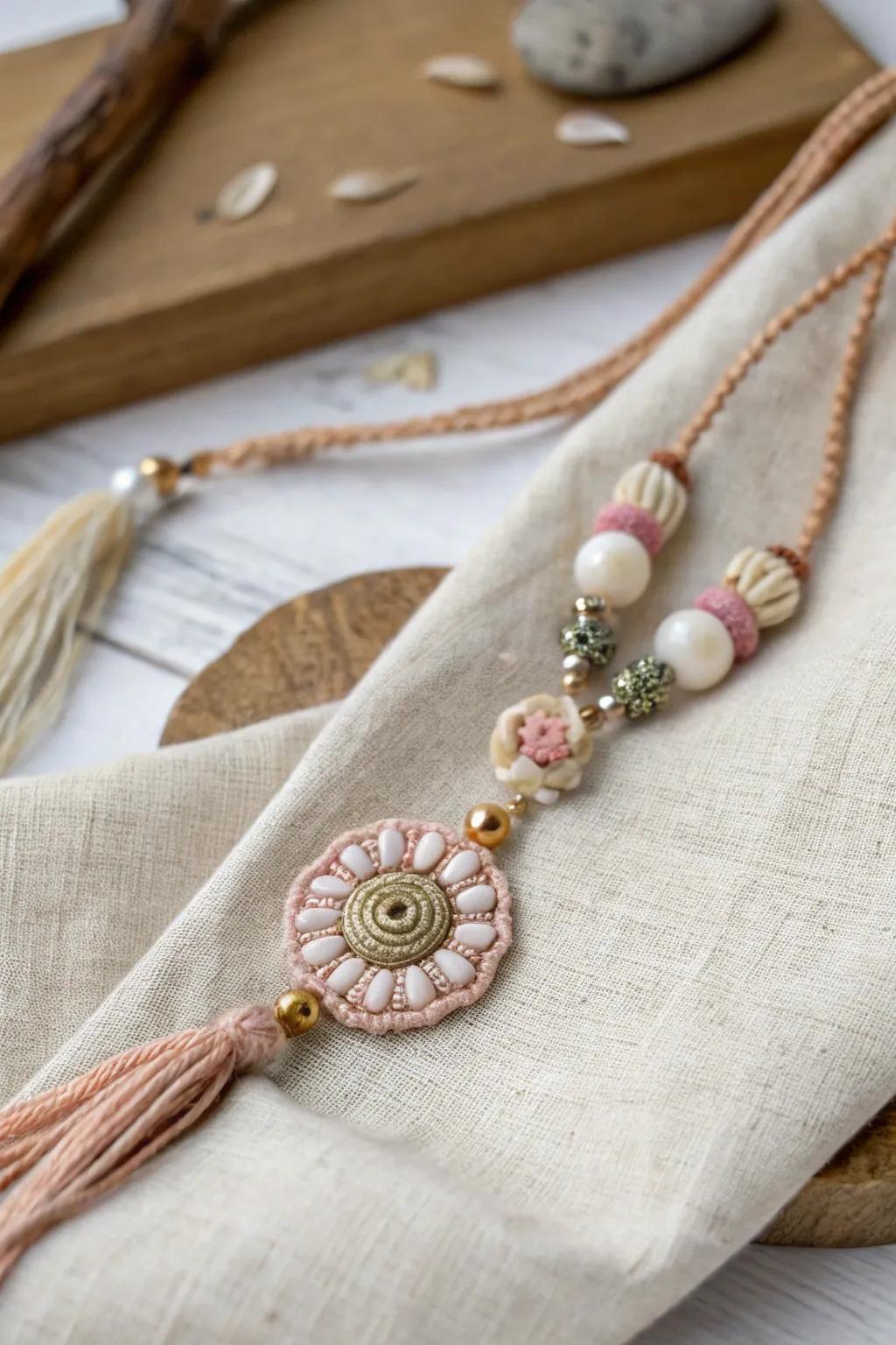 Layered textures meet minimalist beauty in this DIY rakhi masterpiece. Perfect for those who adore natural elegance. 🌿✨