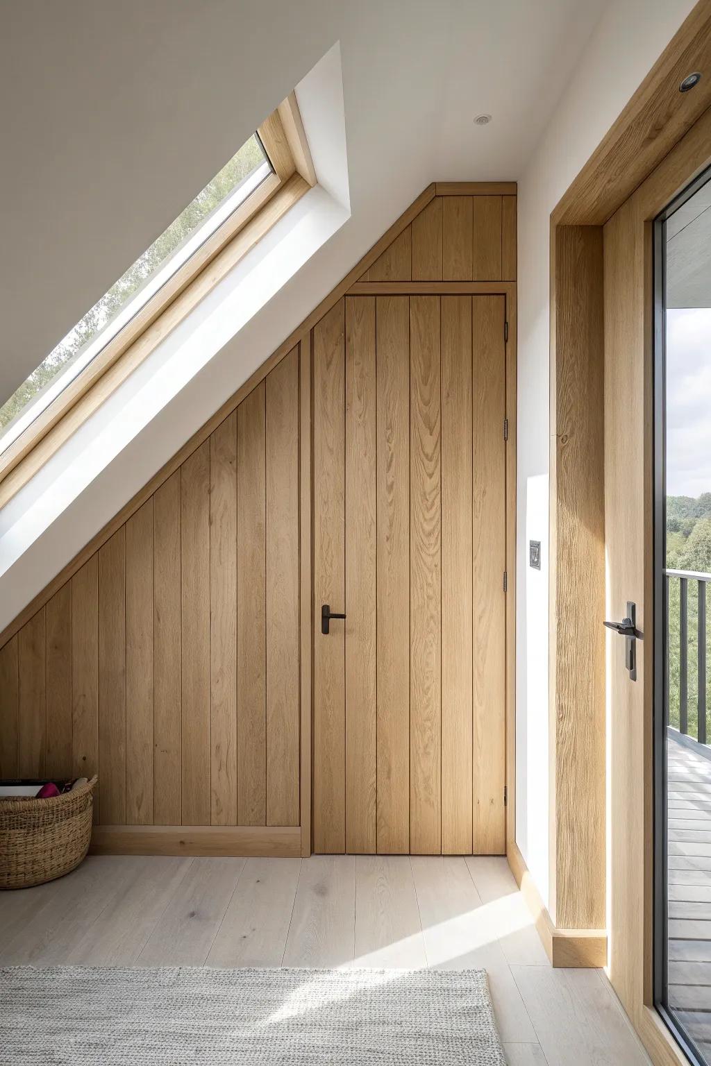 A seamless hidden eaves door—trim lines disguise the seam for sleek, secret dormer storage.