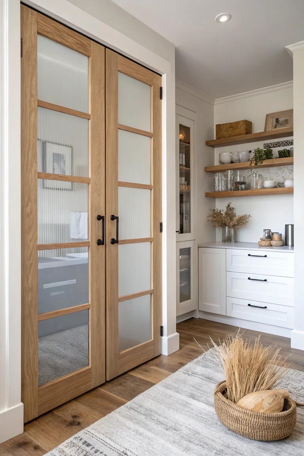 Frosted glass double doors: bright, airy pantry access with soft privacy and clean lines.