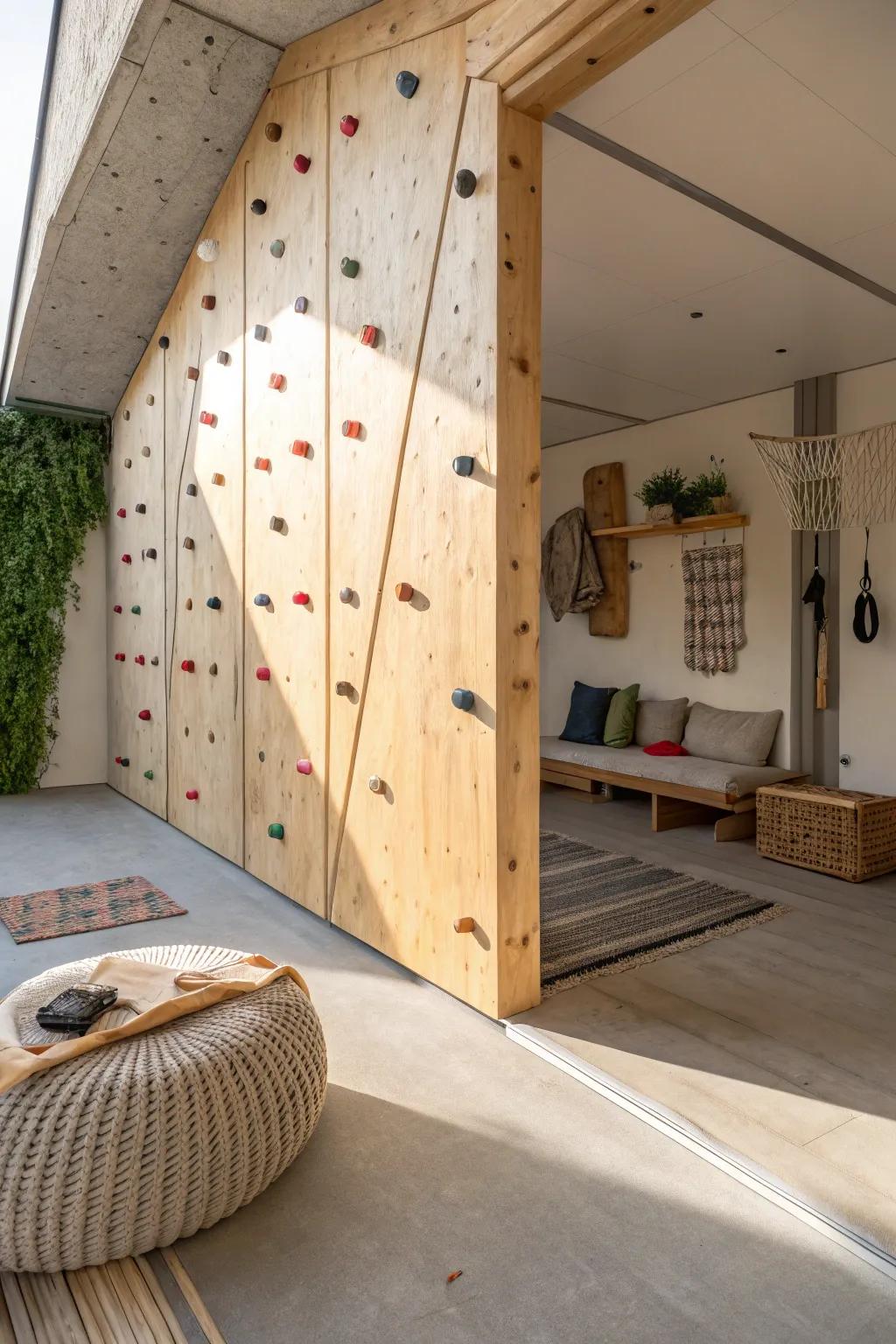 Plywood climbing wall turns a double garage into a sleek adventure room—warm wood, cozy vibes.