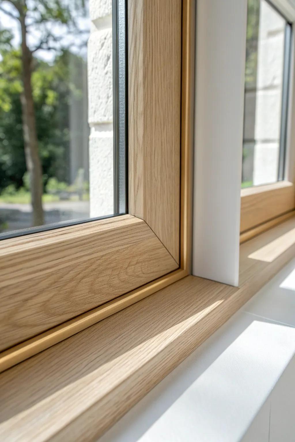 Light oak double window trim elevated with a sleek matte brass inlay for a modern twist.