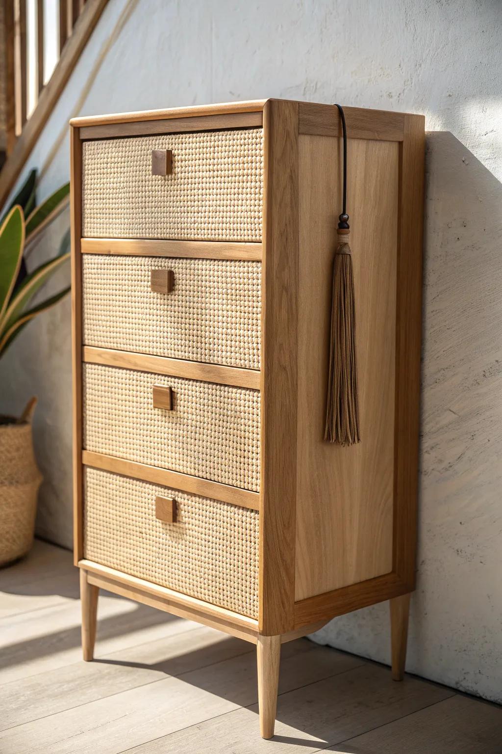 Cane inset drawer front in pale oak—airy texture, clean lines, and handmade warmth.