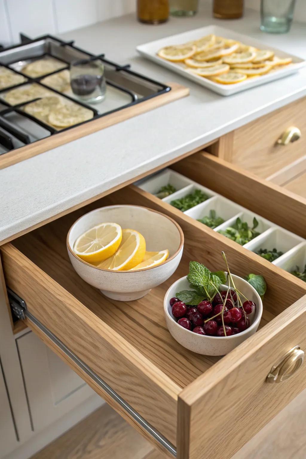 Turn a top drawer into a garnish garden—mint, citrus, and cherries ready for your next drink.