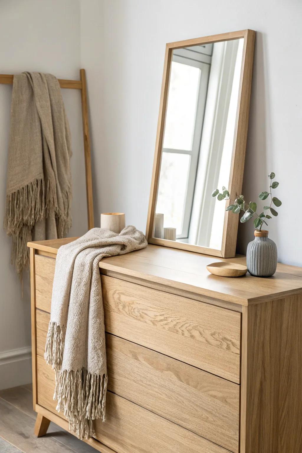 A linen scarf draped over the mirror corner adds soft boho warmth to a clean oak dresser.