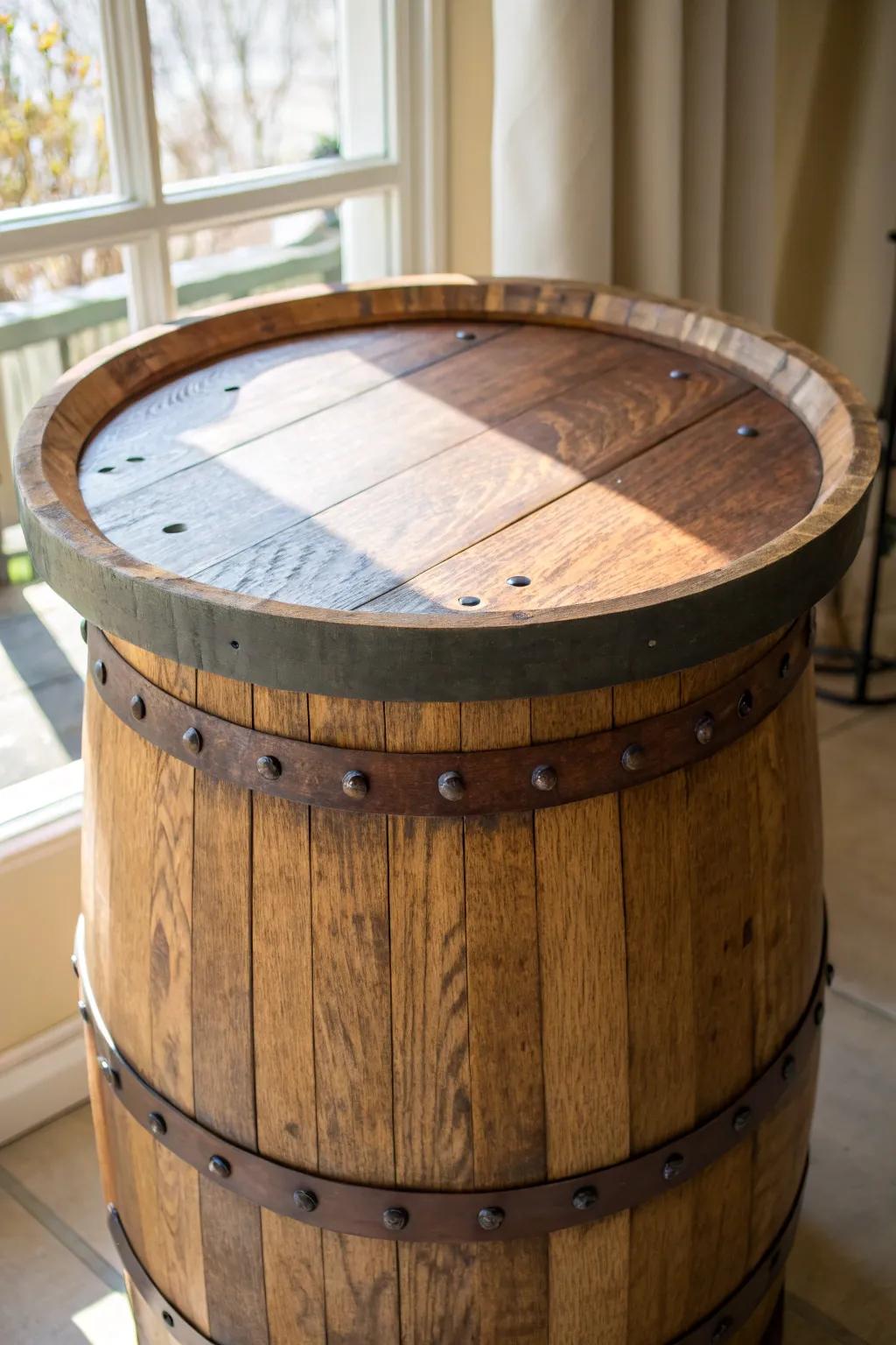 Reclaimed wine-barrel lid drinks table—crafted rim keeps drips contained and gatherings close.