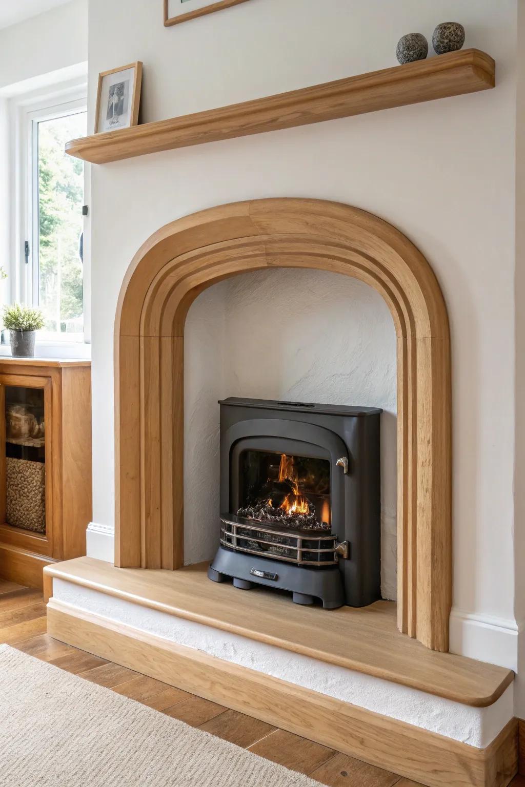 A softly curved surround turns an electric fireplace into a cottage‑calm focal point.