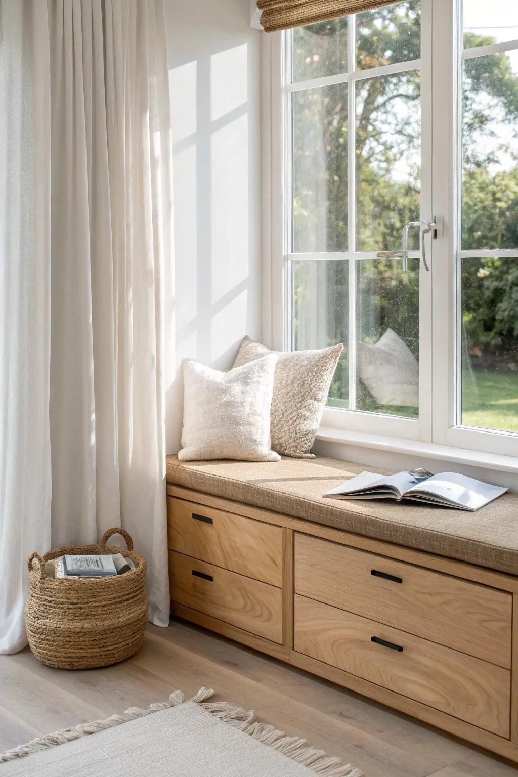 A sleek oak window seat with hidden drawers—boutique office charm and smart storage.