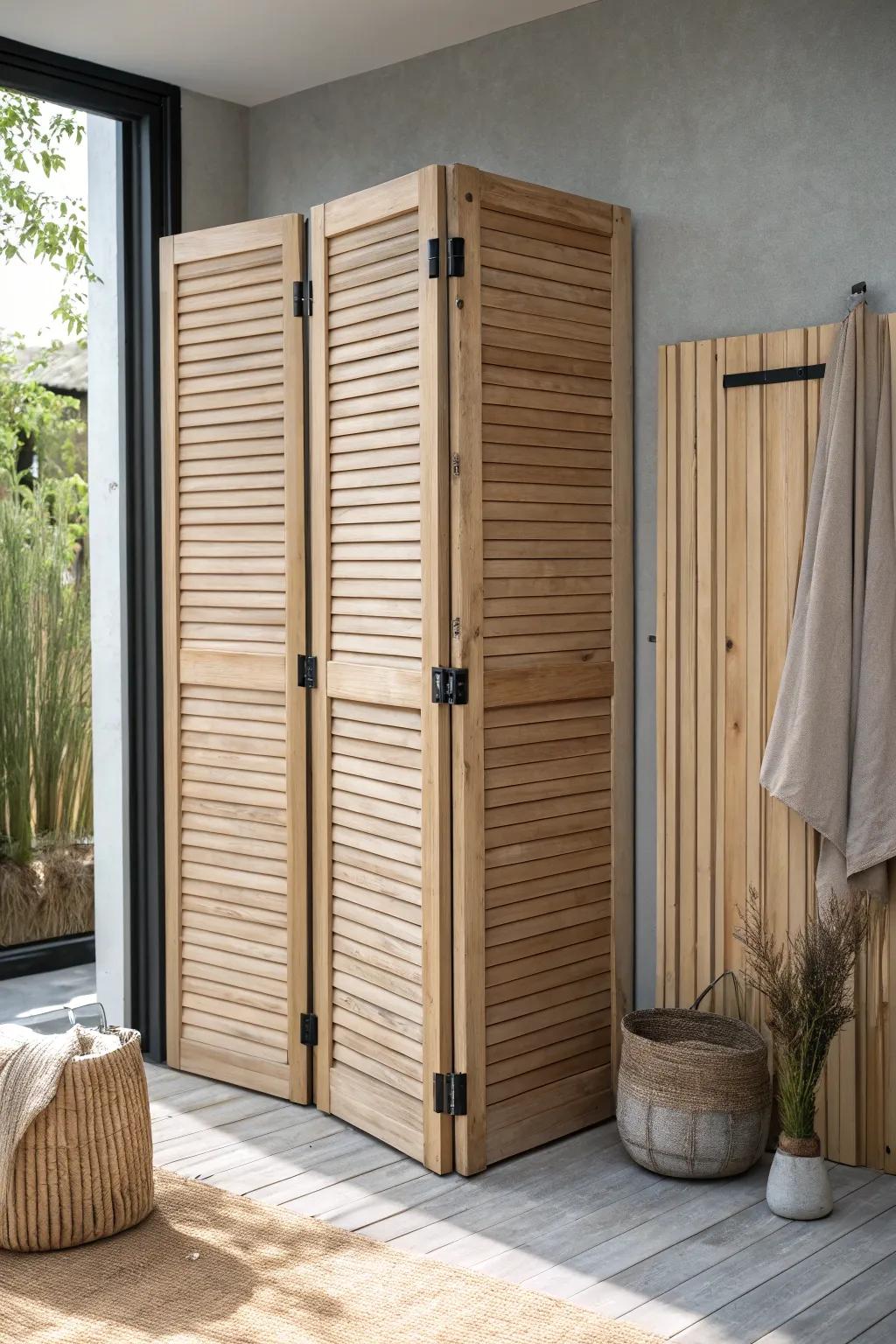 Folding wood shutter panels turn a carport into a garage—open wide, latch closed, always beautiful.
