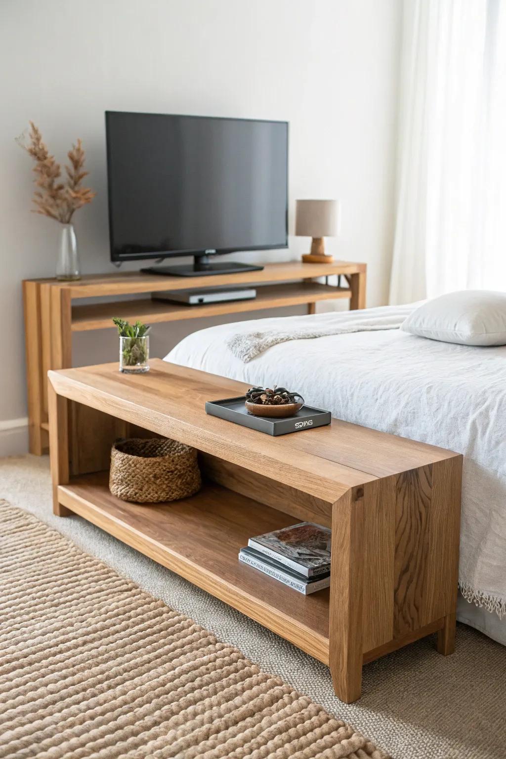 Waterfall-edge oak TV stand—seamless grain wrap for modern warmth at the foot of the bed.