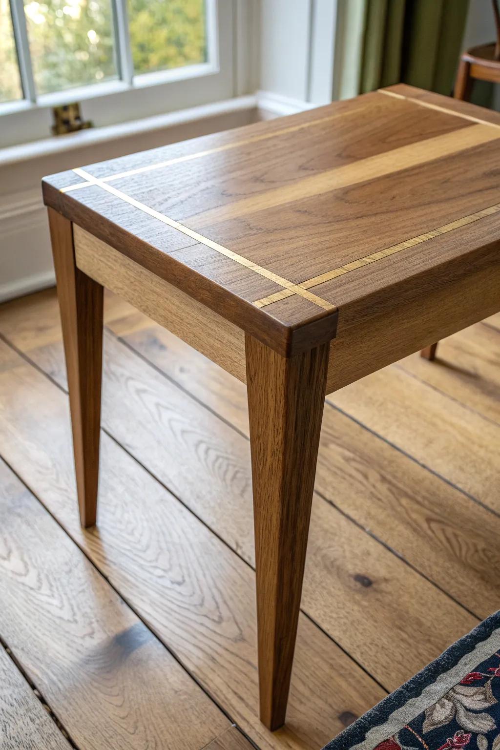 Slim brushed-brass inlay stripe: a modern edge that makes the wood grain look richer.