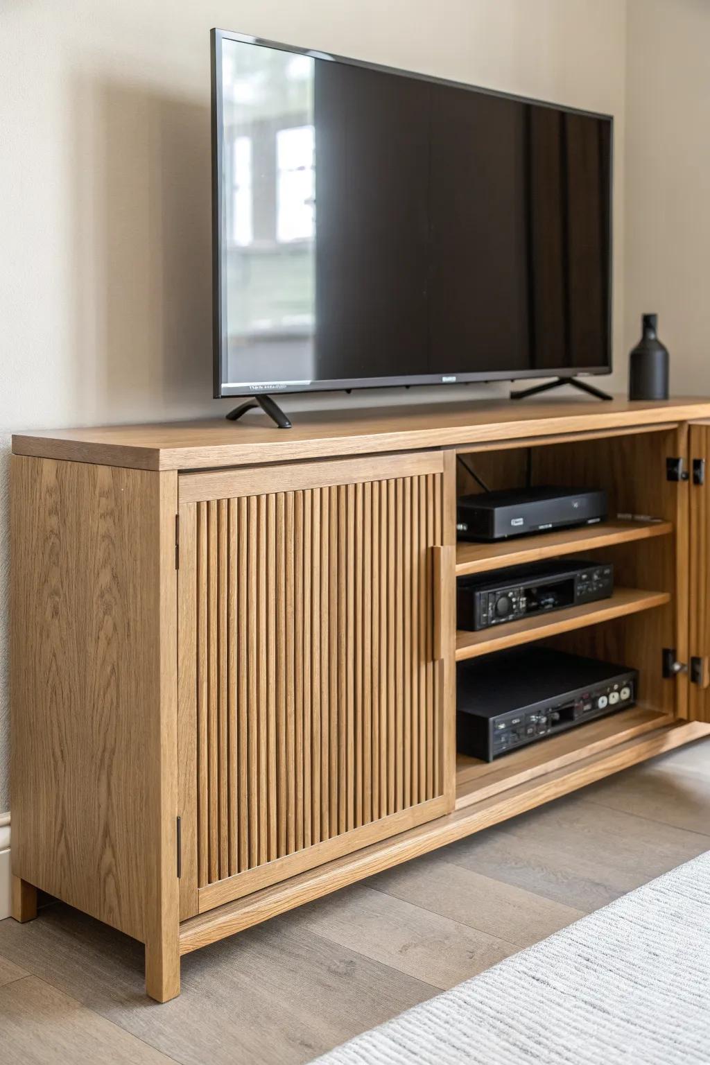 Flip-down slotted oak door hides devices while keeping signals flowing—clean, calm, crafted.