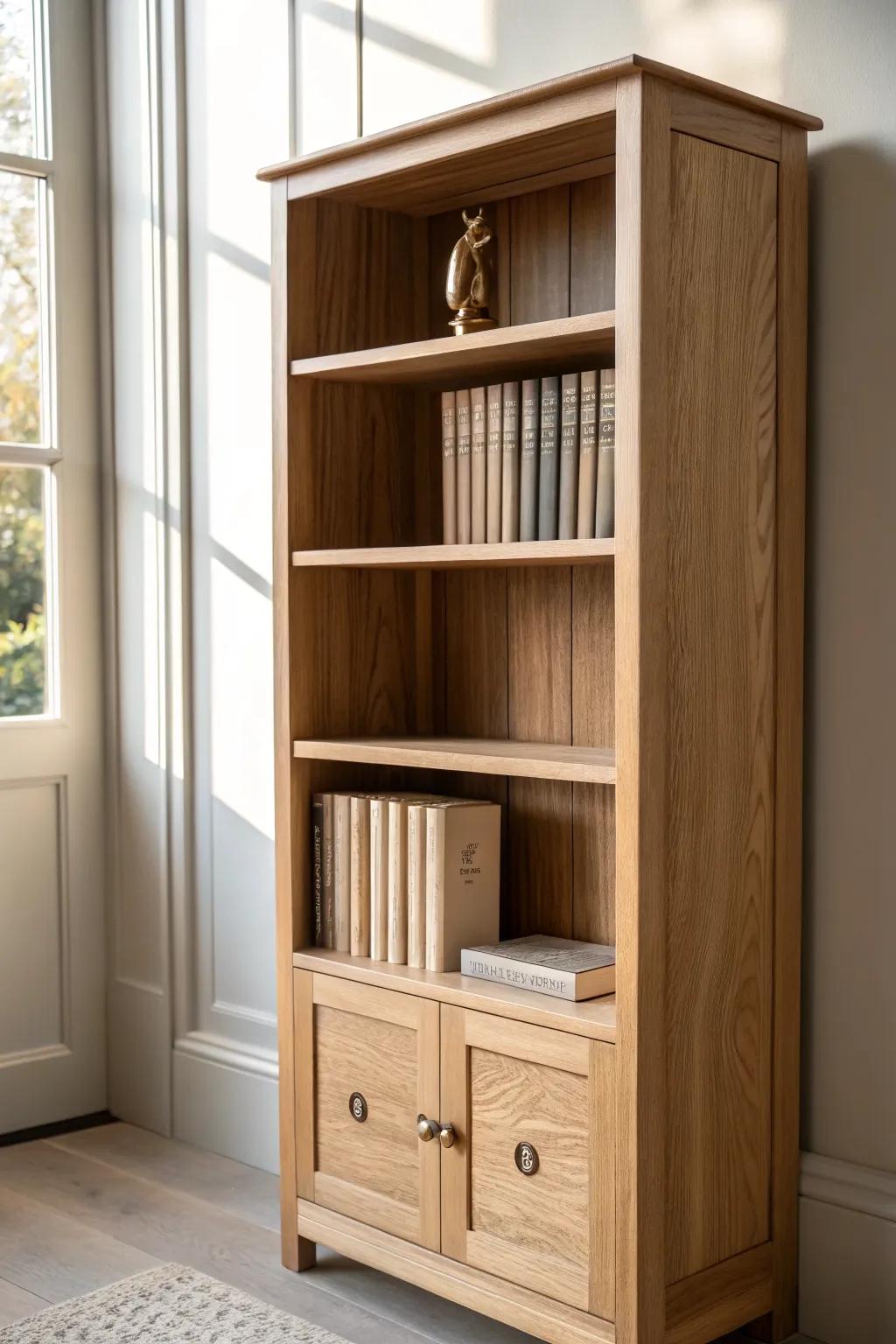 A sleek entryway bookshelf with a hidden key compartment—minimal look, clever secret storage.