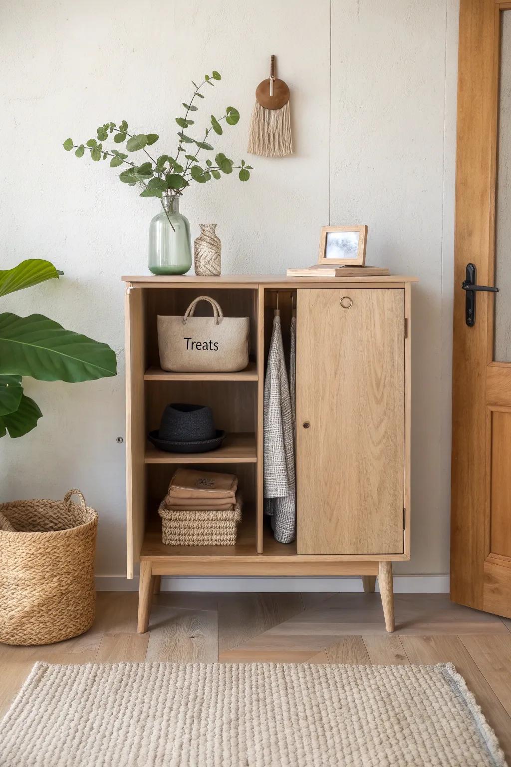 A purpose-built pet cubby in your entryway cabinet keeps leashes, treats, and bags ready.