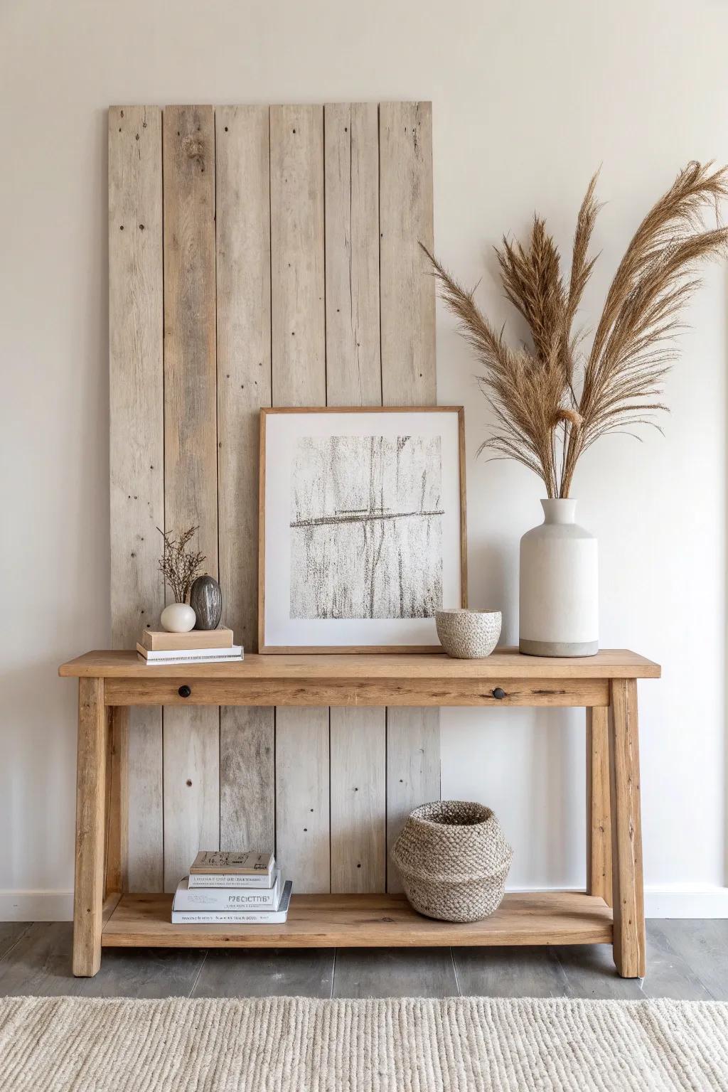 Reclaimed wood backboard + leaned art instantly makes a simple entryway console feel built-in.