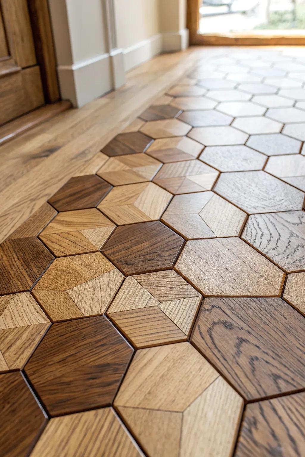 End-grain wood mosaic flooring with clear resin lines—minimal, warm, and unforgettable.