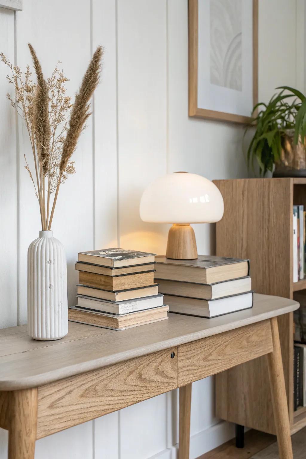 Hidden lamp behind books for a floating glow—minimal, cozy, and effortlessly chic.