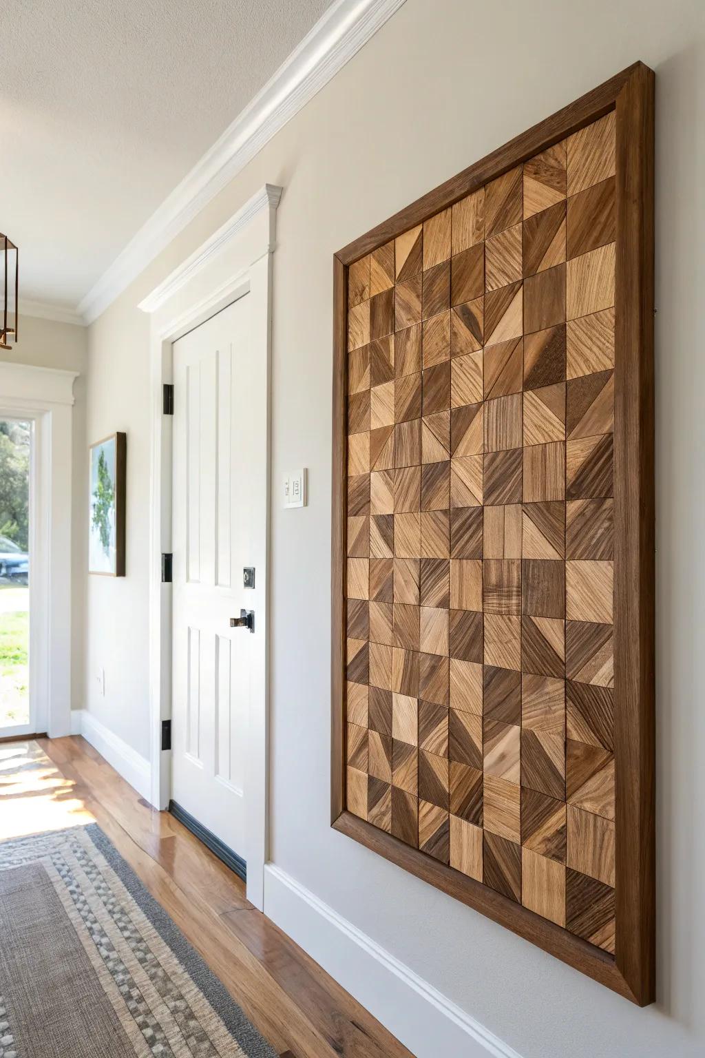 End-grain mosaic wall art—offcut memories turned into a geometric quilt for the entryway.